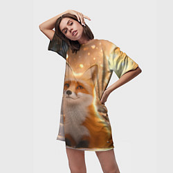 Футболка женская длинная Рыжая лисичка в снежном лесу, цвет: 3D-принт — фото 2