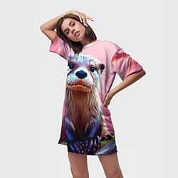 Футболка женская длинная Выдра в розовом цвете, цвет: 3D-принт — фото 2