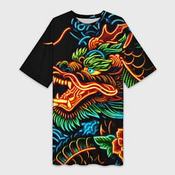 Женская длинная футболка Japanese neon dragon - irezumi