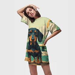 Футболка женская длинная Такса и лето, цвет: 3D-принт — фото 2