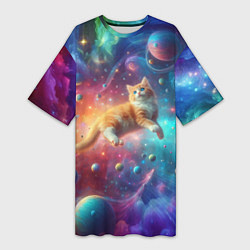 Женская длинная футболка Рыжий космический котёнок - неоновое свечение