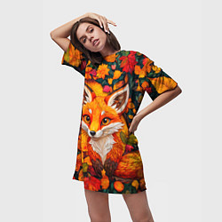 Футболка женская длинная Лисенок в осенних листьях, цвет: 3D-принт — фото 2