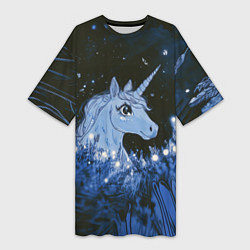 Футболка женская длинная Единорог и светлячки, цвет: 3D-принт