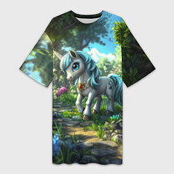 Футболка женская длинная Единорожка в дневном лесу, цвет: 3D-принт