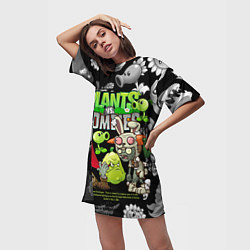 Футболка женская длинная Растения против зомби персонажи, цвет: 3D-принт — фото 2