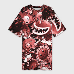 Футболка женская длинная Растения против зомби в красном цвете, цвет: 3D-принт