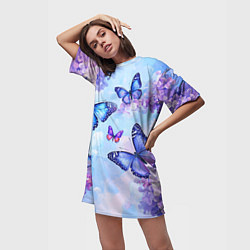 Футболка женская длинная Бабочки и сирень - нежная голубая живопись, цвет: 3D-принт — фото 2
