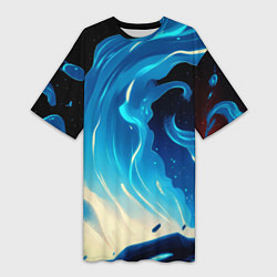 Футболка женская длинная Бело-синее пламя из абстрактных красок, цвет: 3D-принт