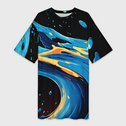 Футболка женская длинная Синяя волна из красок, цвет: 3D-принт