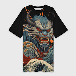 Женская длинная футболка Японский дракон и волны в стиле тату ирезуми