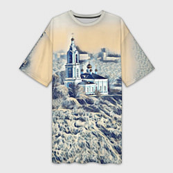 Женская длинная футболка Храм на фоне современного города