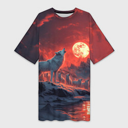 Футболка женская длинная Белый волк воет на луну, цвет: 3D-принт