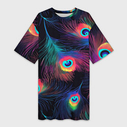 Футболка женская длинная Павлиньи перья - разные оттенки, цвет: 3D-принт