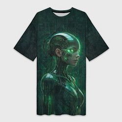 Женская длинная футболка Девушка-андроид в зелёных тонах