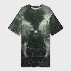 Футболка женская длинная Ретро иллюстрация паровоза, цвет: 3D-принт