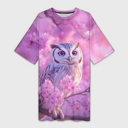Женская длинная футболка Сова в весенних цветах