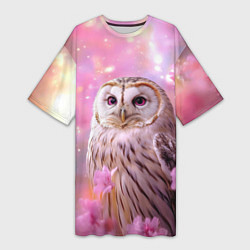 Женская длинная футболка Большая сова в розовых цветах