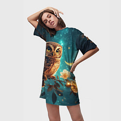 Футболка женская длинная Сова на фоне ночного неба, цвет: 3D-принт — фото 2
