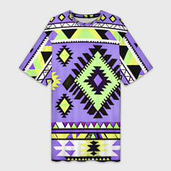 Футболка женская длинная Геометрический сиренево желтый орнамент ацтеков, цвет: 3D-принт