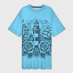 Женская длинная футболка Маяк с розами и кораблем