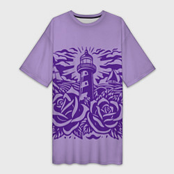 Женская длинная футболка Маяк с розами и корабли