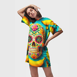 Футболка женская длинная Череп и бананы - летняя композиция, цвет: 3D-принт — фото 2