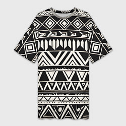 Футболка женская длинная Черно белый орнамент в этническом стиле, цвет: 3D-принт