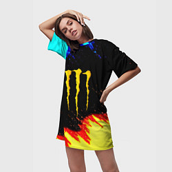 Футболка женская длинная Monster energy огненные краски, цвет: 3D-принт — фото 2