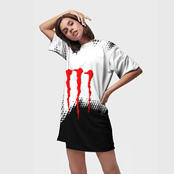 Футболка женская длинная Monster energy чёрно белые краски, цвет: 3D-принт — фото 2