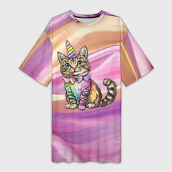 Женская длинная футболка Котенок в костюме единорога