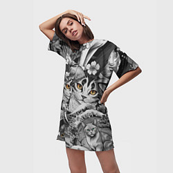 Футболка женская длинная С котами и рыбой на фоне сакуры в волнах, цвет: 3D-принт — фото 2