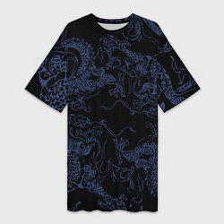 Футболка женская длинная Синий дракон на черном, цвет: 3D-принт