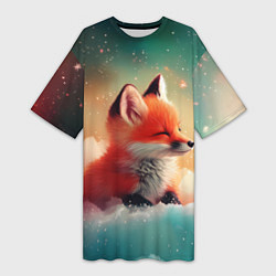 Женская длинная футболка Милый лисенок спит на облаке