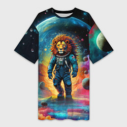 Женская длинная футболка Лев бравый космонавт - неоновый космос