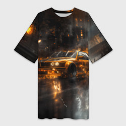 Женская длинная футболка Желтый БМВ в огне