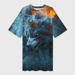 Женская длинная футболка Волк в короне в огне