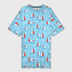 Футболка женская длинная Морской паттерн с парусными лодками и чайками, цвет: 3D-принт