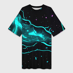 Футболка женская длинная Голубые неоновые волны текстура, цвет: 3D-принт
