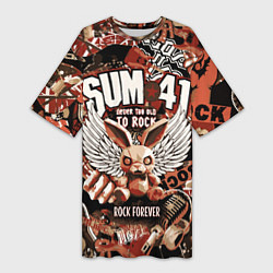 Женская длинная футболка Sum 41 на фоне кролика и гитар