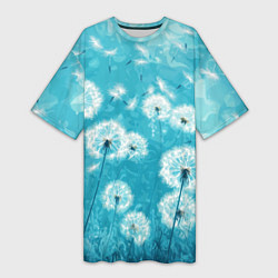 Женская длинная футболка Белые одуванчики на бирюзовом фоне