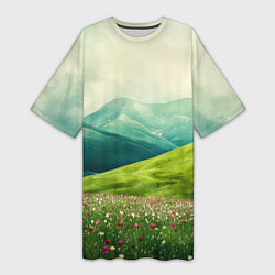 Женская длинная футболка Горы и поле с цветами - зеленый пейзаж