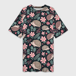 Женская длинная футболка Ёжики в цветах