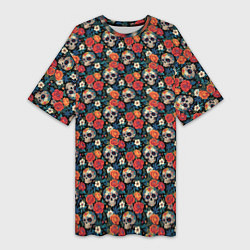 Женская длинная футболка Черепа и цветы Santa Muerte