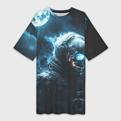 Футболка женская длинная Скелет космонавта и полнолуние, цвет: 3D-принт
