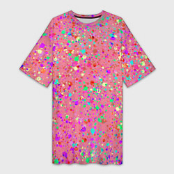 Футболка женская длинная Розовый с разноцветными брызгами, цвет: 3D-принт