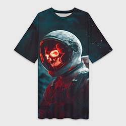 Женская длинная футболка Череп космонавта красного цвета