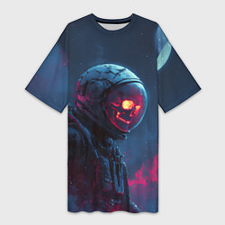 Футболка женская длинная Скелет космонавта под луной, цвет: 3D-принт