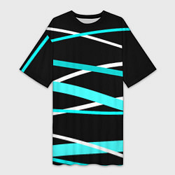 Женская длинная футболка Чёрный с бело-голубыми полосами