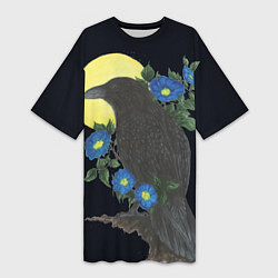 Женская длинная футболка Чёрный ворон на ветке среди синих цветов под луной