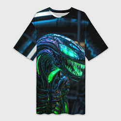 Футболка женская длинная Чужой с зеленым неоном, цвет: 3D-принт